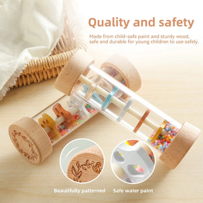Showcase of wooden sound maker, guaranteeing its quality and safety.