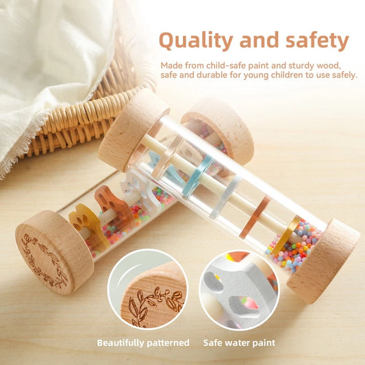 Showcase of wooden sound maker, guaranteeing its quality and safety.
